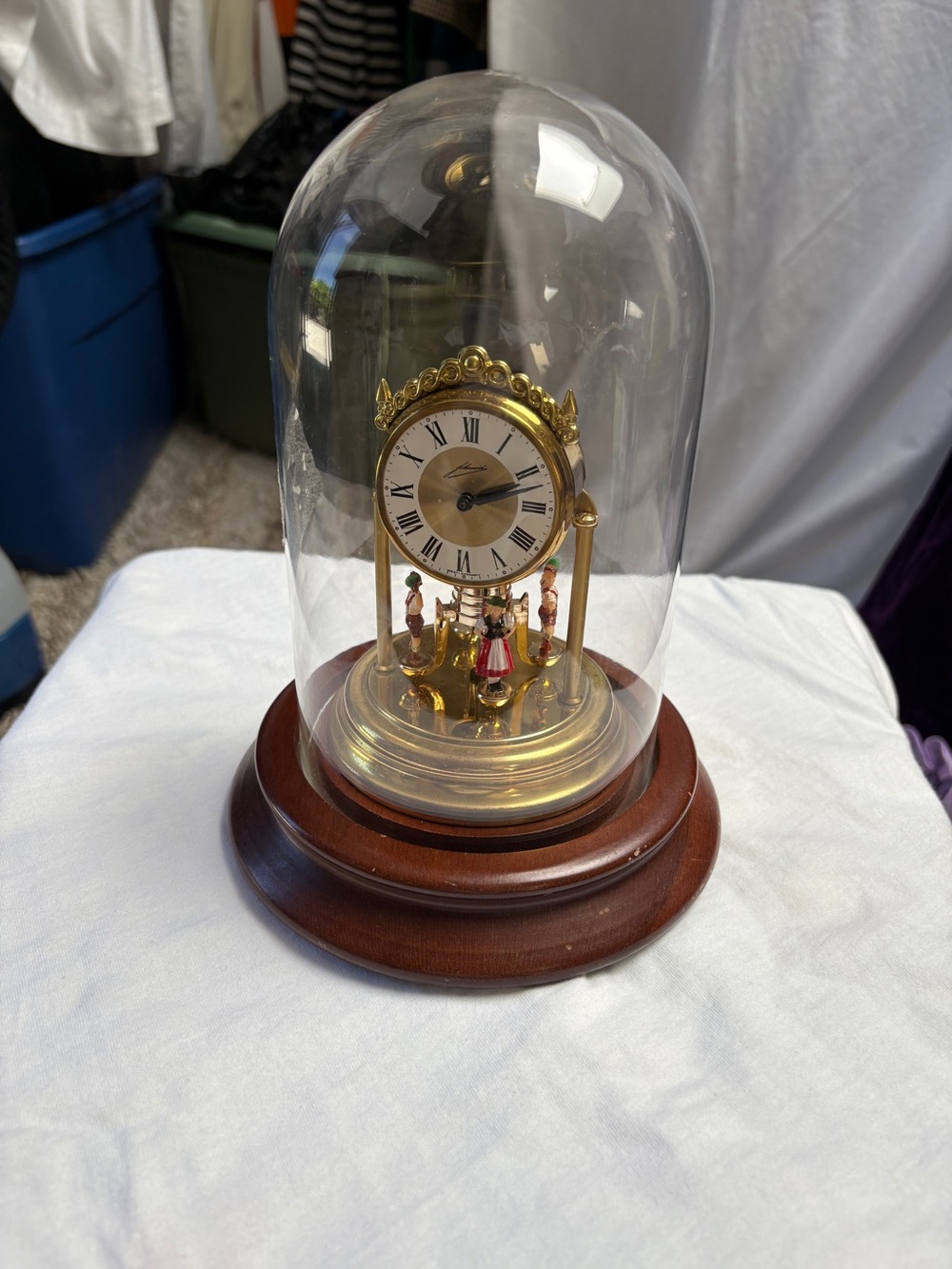 Glass Dome Mantel Clock with Gold Accents and Wood Base